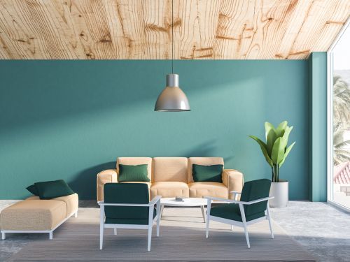 Beige, green and blue home interior colour combination