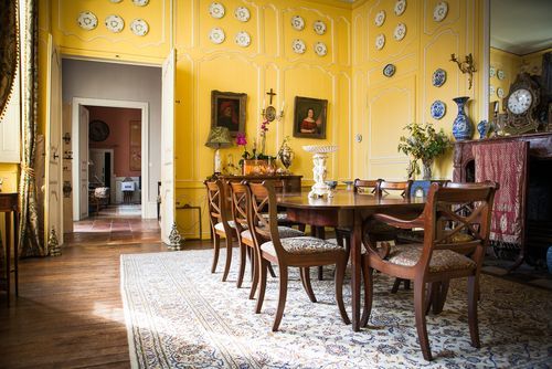 Dining room setup with brown dining table and yellow wall paint