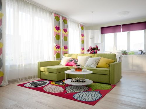 Fuchsia, green and white home interior colour combination