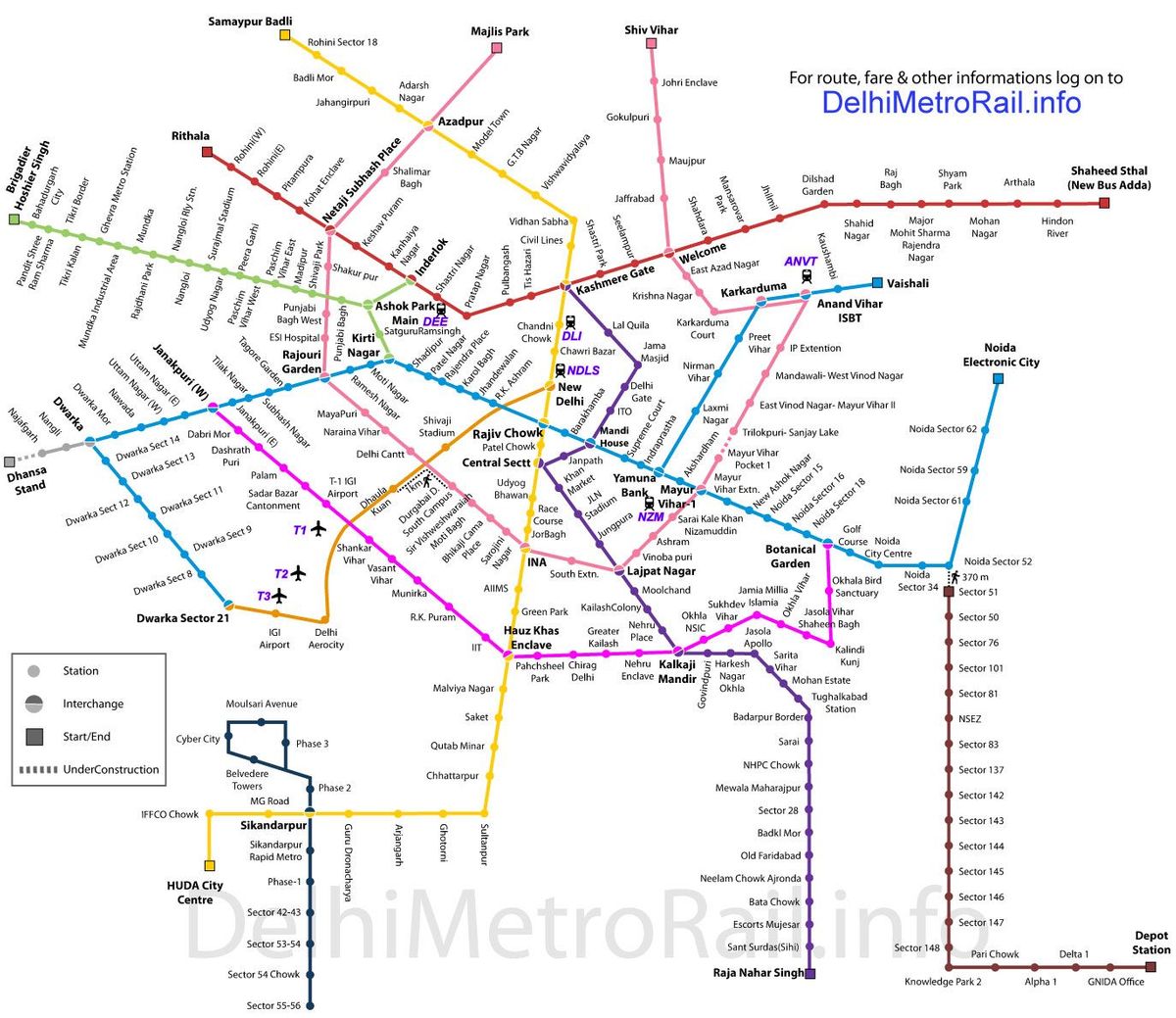 Metro Rail route of the Delhi metro including the Blue Line with Sector 16 Metro Station