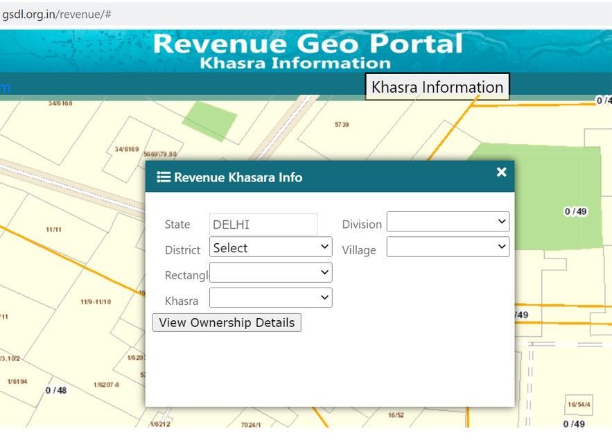 screenshot of delhi land record gis revenue khasra details