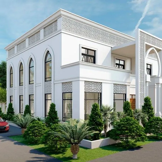 Bungalow house design with white exteriors and Arabic influence.