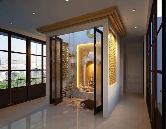 Marble flooring of the pooja space in the corner of the room