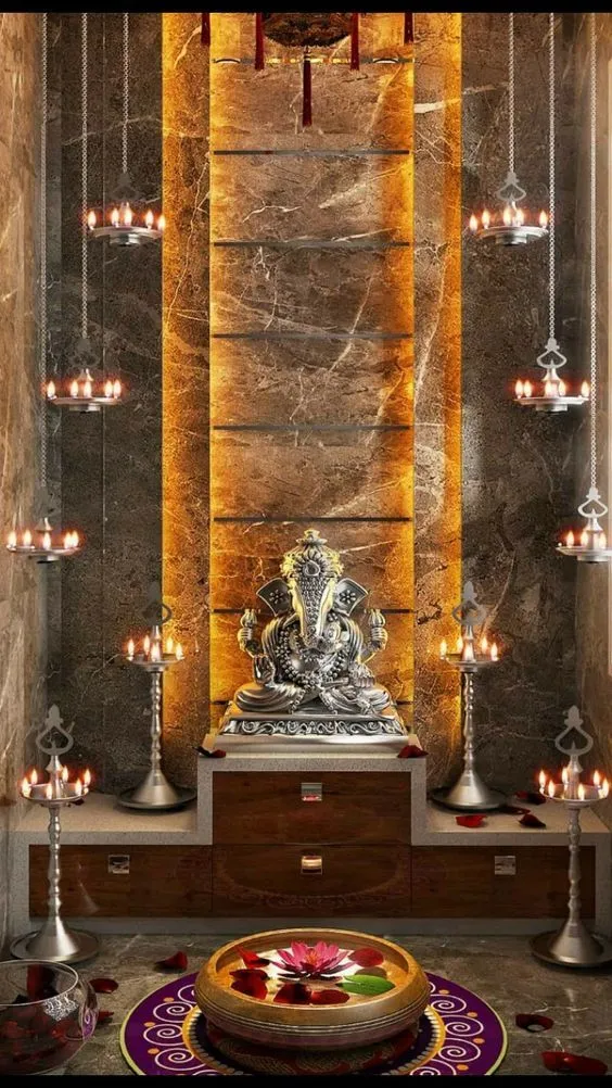 Stone Walled Indian Style Pooja Room Designs