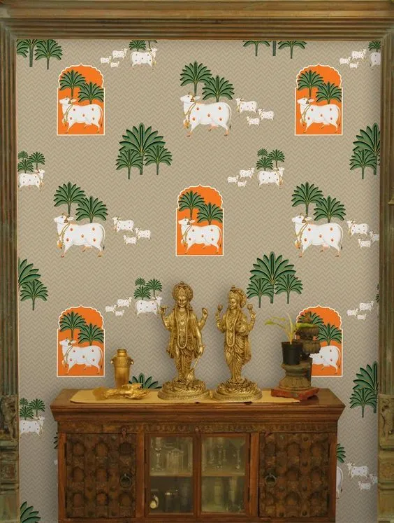 Colourful Wallpaper Indian Style Pooja Room Designs