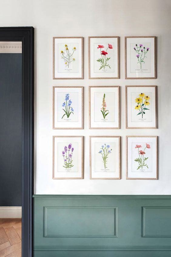 A botanical themed wall painting idea with nine different kinds of flowers