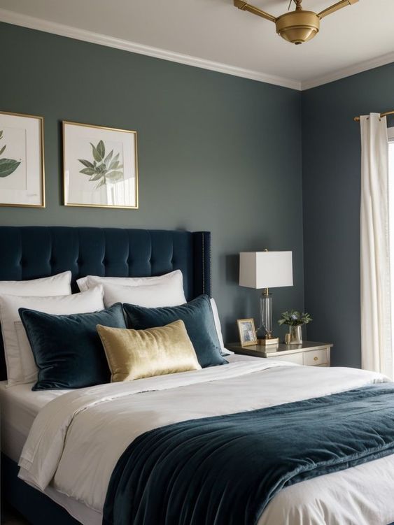 Sage green and navy blue bedroom colour scheme