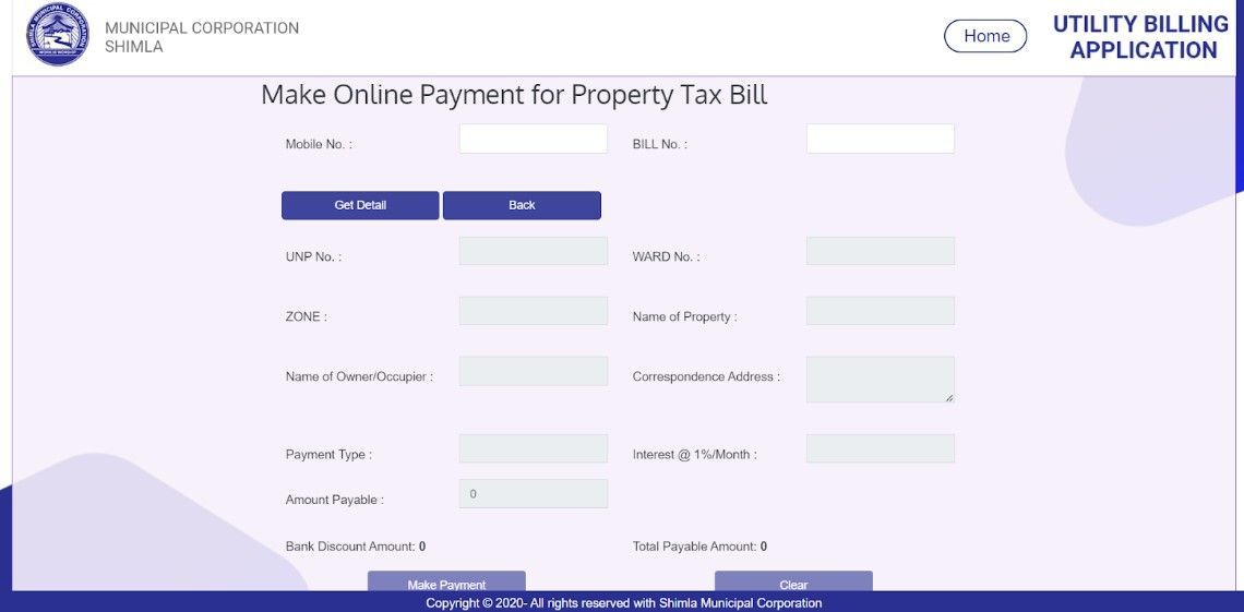 Enter your bill number and phone number in the given space. to get the details of your property tax payment amount.