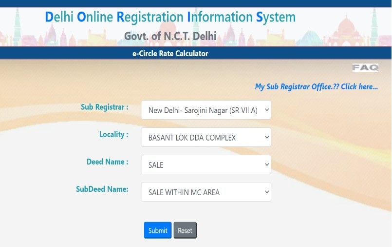 DORIS website for Delhi circle rate calculation