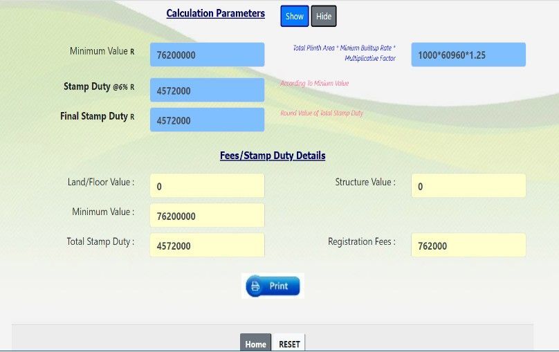 Screenshot of calculation of stamp duty in Delhi