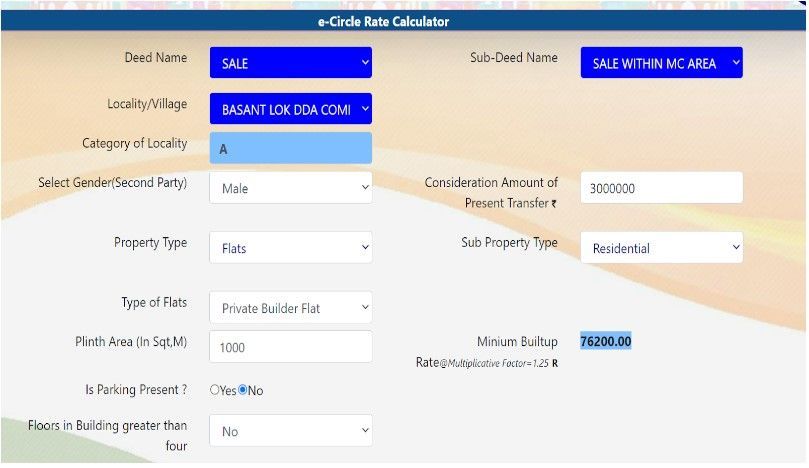 Screenshot of property details required on DORIS website to calculate Delhi Circle Rate