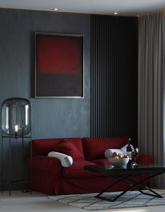 Burgundy and grey home colour combination for living room