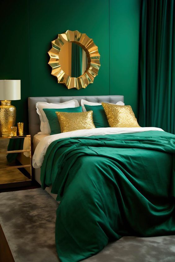 Emerald and gold home colour combination for bedroom