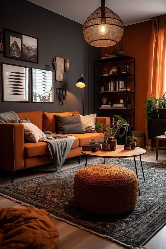 Rust and black is a great home colour combination for the living room