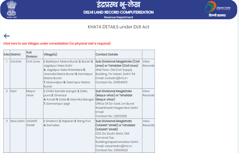 dlrc khata details delhi ror online