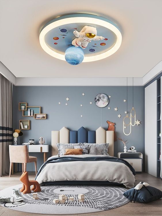 A space themed ceiling design for bedroom in blue and white