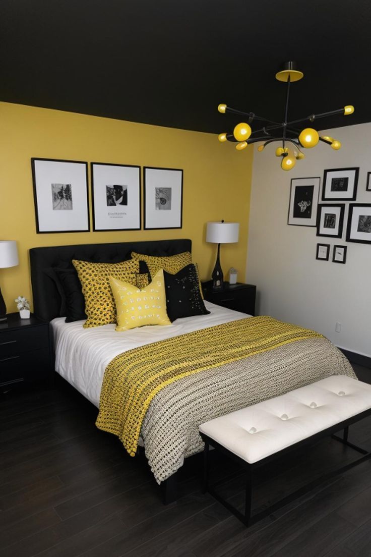 A bedroom with a mustard wall, black floor and ceiling