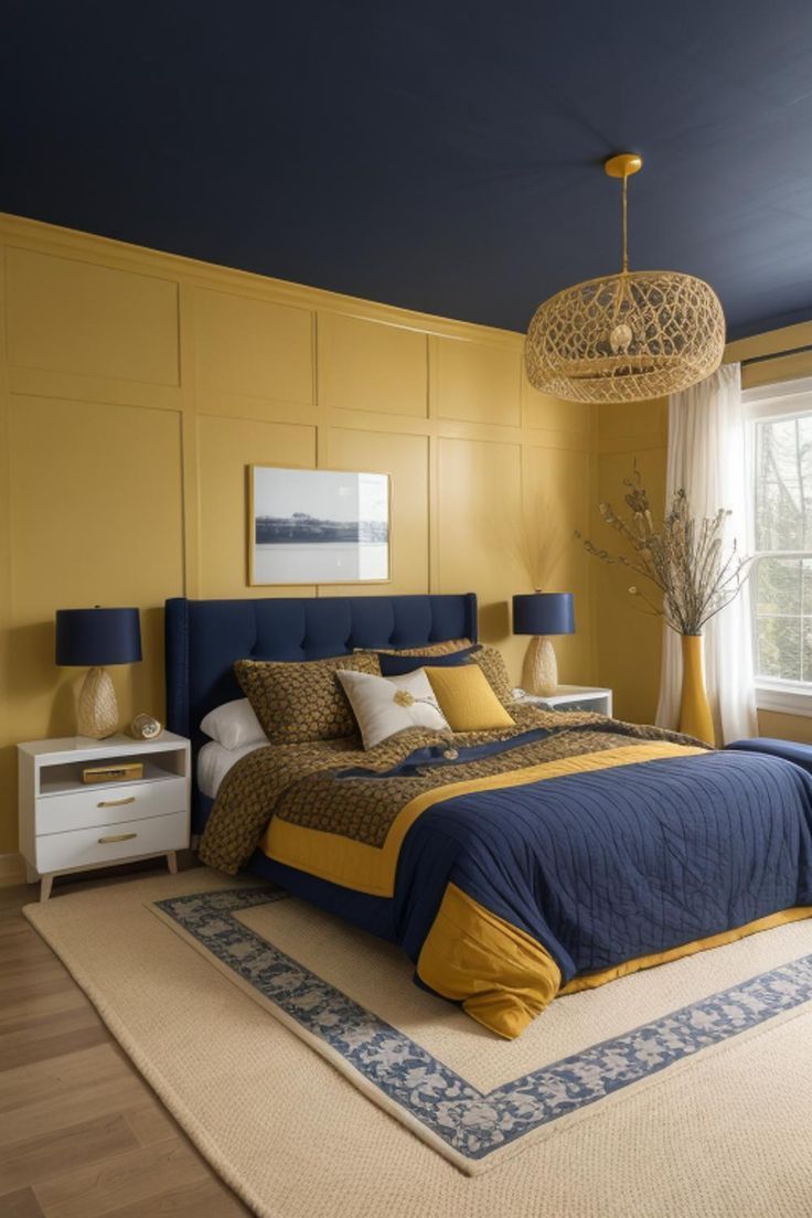 A bedroom with a mustard coloured wall and navy blue ceiling