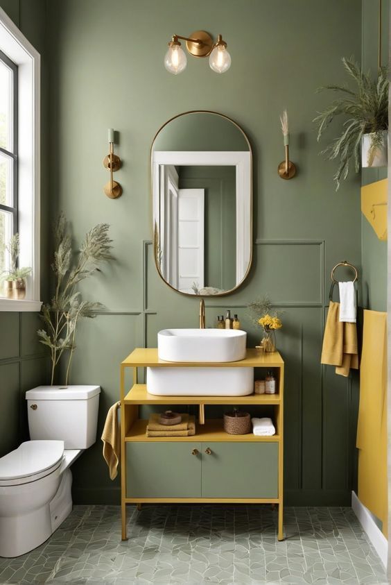 Sage green bathroom with mustard colour combination