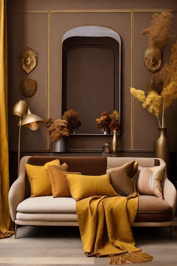 A living room with a brown wall and mustard colour decor