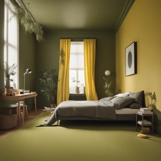 A bedroom with a mustard colour combination, olive walls and carpet