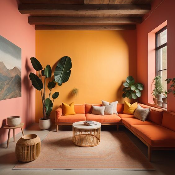 A living room with mustard and peach walls and rattan furniture