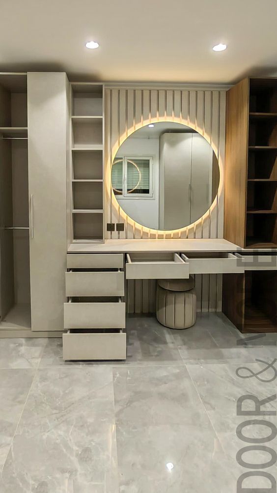 A dressing table with backlit profile lights surrounding the mirror
