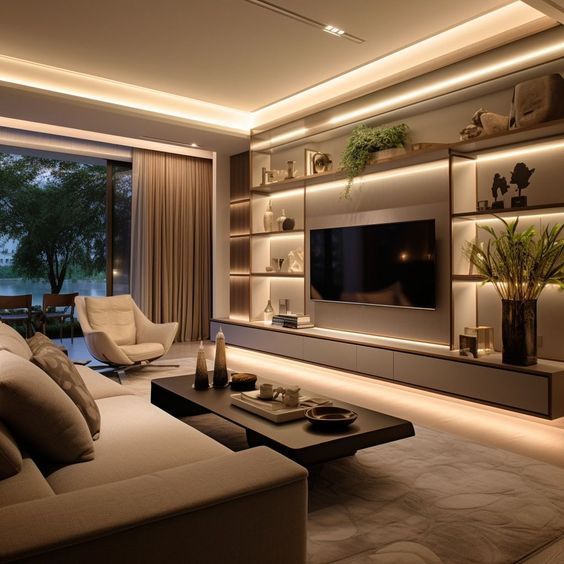 A living room with an elaborate TV unit lit up with LED profile lights