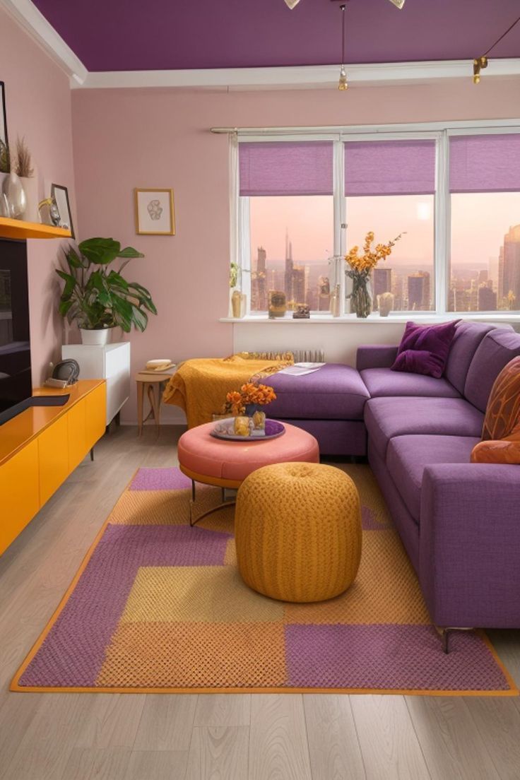 A modern living room flaunting the aesthetic baby pink and lilac home interior colour combination further accentuated with furniture in darker shades