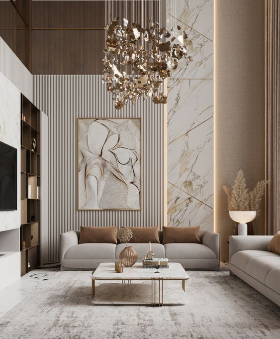 Elegant Hall Design with Warm Lighting and Accent Furniture