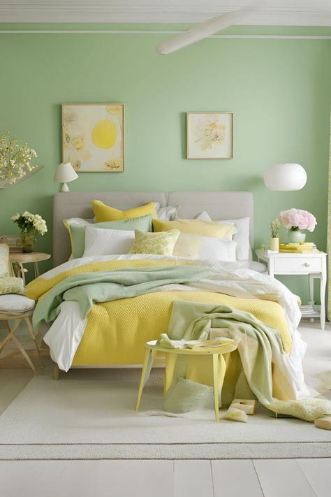 A bedroom with a mint green and yellow home colour combination