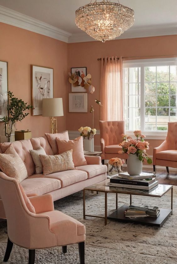 A bright and airy living room done in the elegant peach and white home interior colour combination