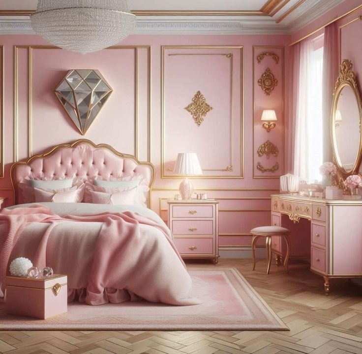 Pink royal bedroom setting with golden border in the entire room