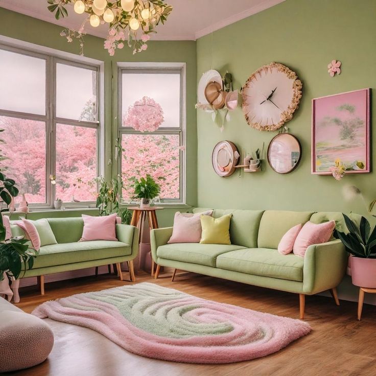 A living room with a green and pink home colour combination