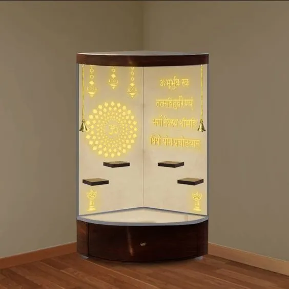 Wooden corner pooja room design