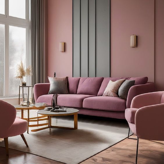 Elegant living room setting with charcoal and pink wall paint