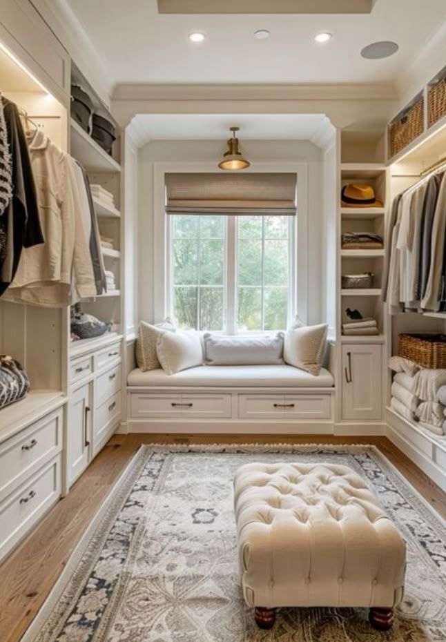 A classic dressing room design with an add-on window seating area