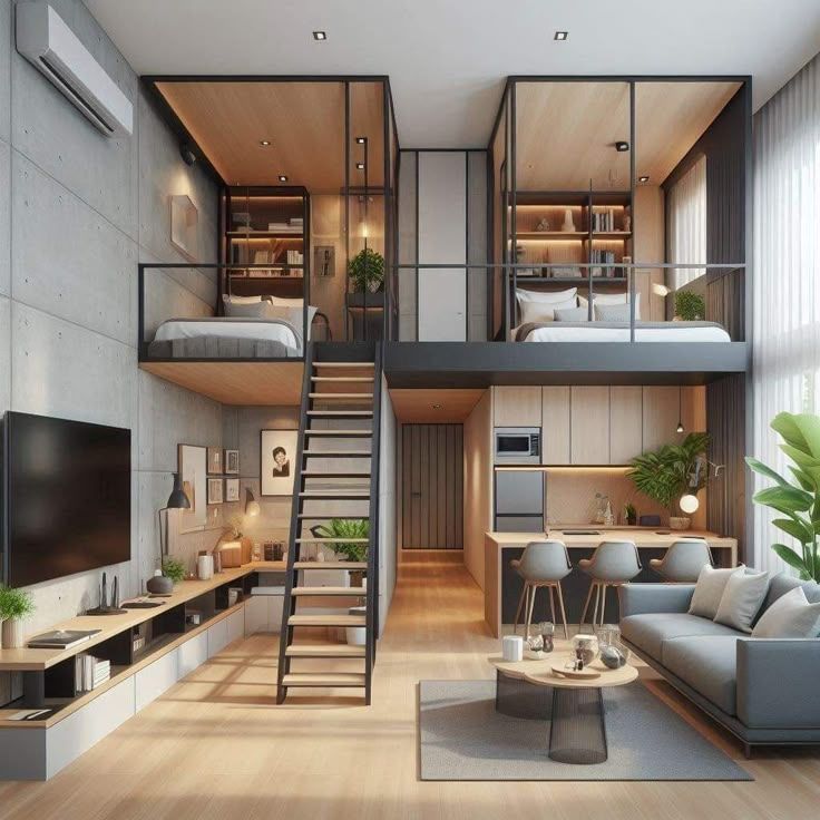 Studio apartment with two lofted beds and a staircase