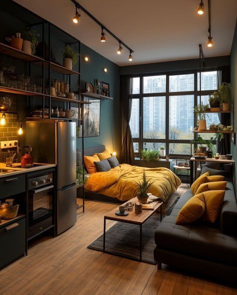 Industrial-style studio apartment plan with metal shelving