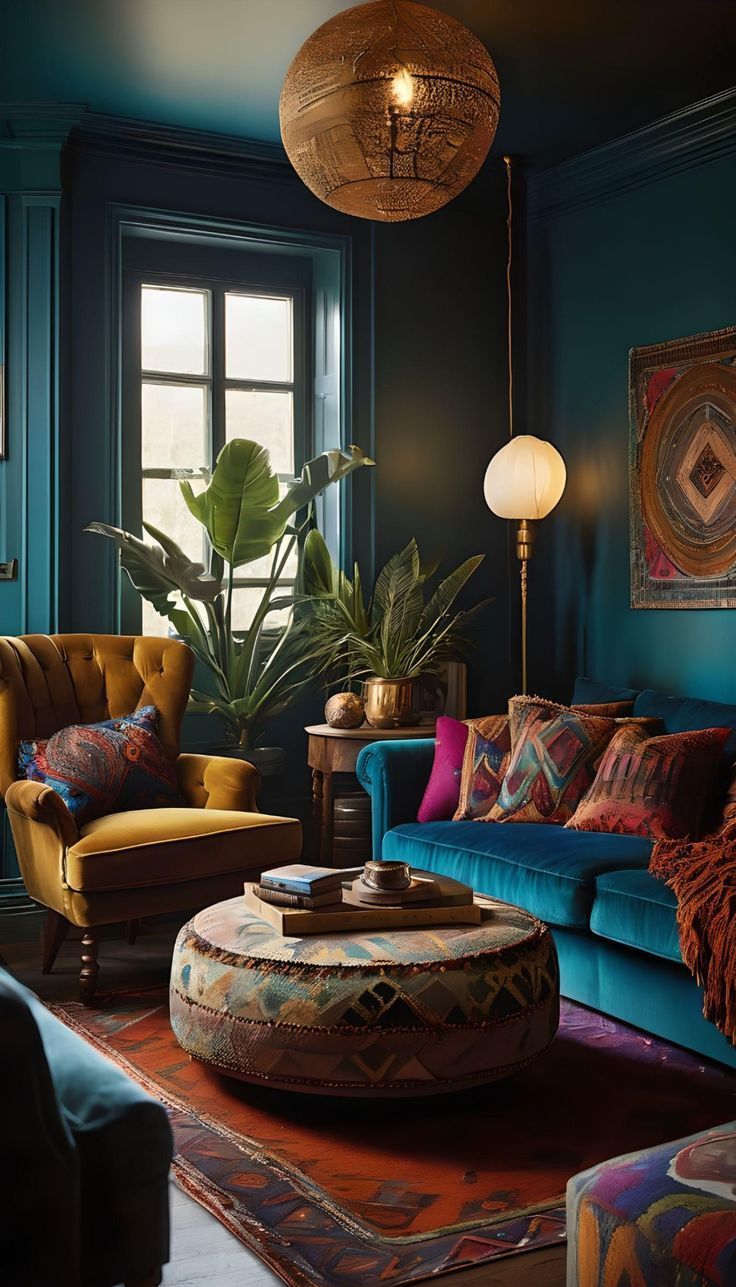 A jewel tone themed living room with a yellow chair