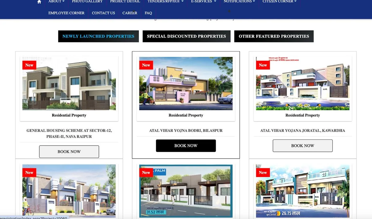 List of housing projects with 'Book Now' buttons on the CGHB site
