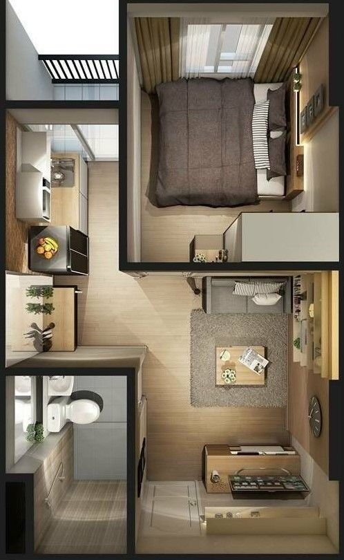 Partitioned studio apartment with a separate sleeping area