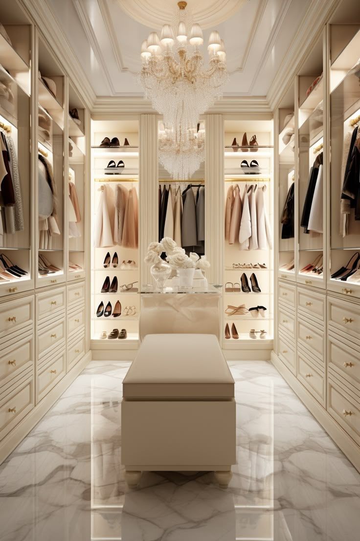 A chic dressing room design with a statement chandelier as the highlight