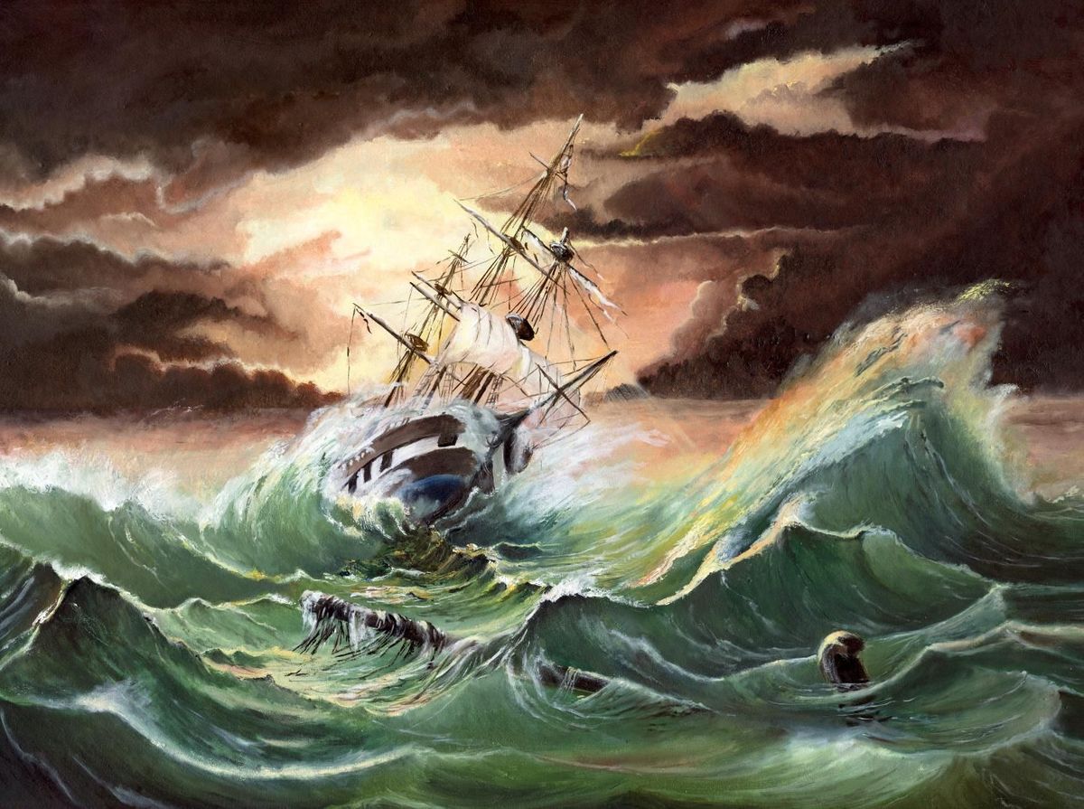 A ship painting with a ship sailing on stormy waters should be avoided