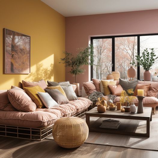 Yellow and Pink Living Room - Home Interior Colour Combination