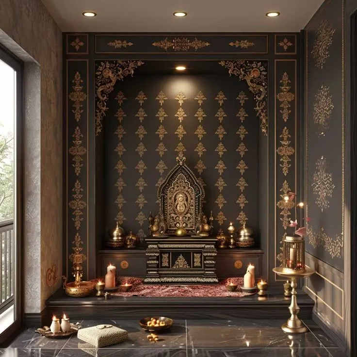 Pooja room design with black wallpaper and gold motif