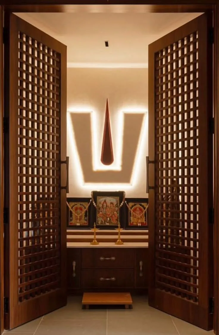 Wooden pooja room design with jali partition