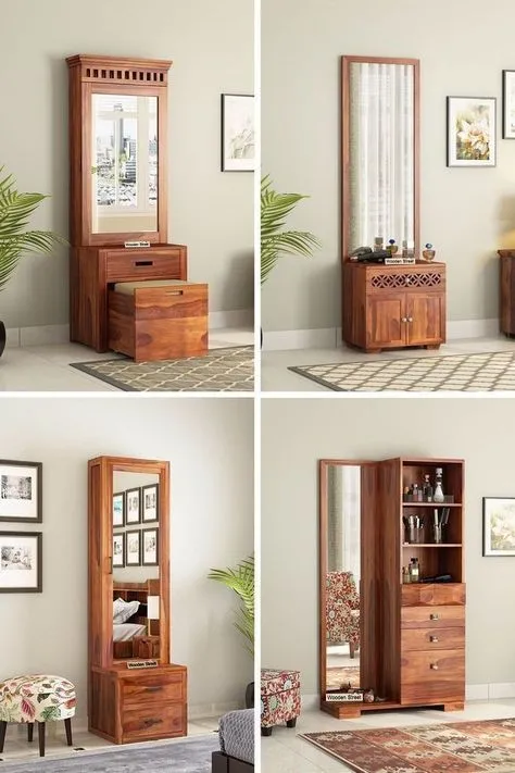 A collage of 4 different types of wooden dressing table designs