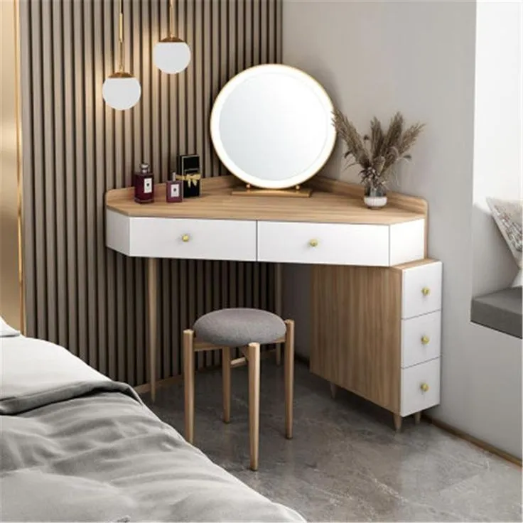 A corner-mounted wooden dressing table with colourful laminates