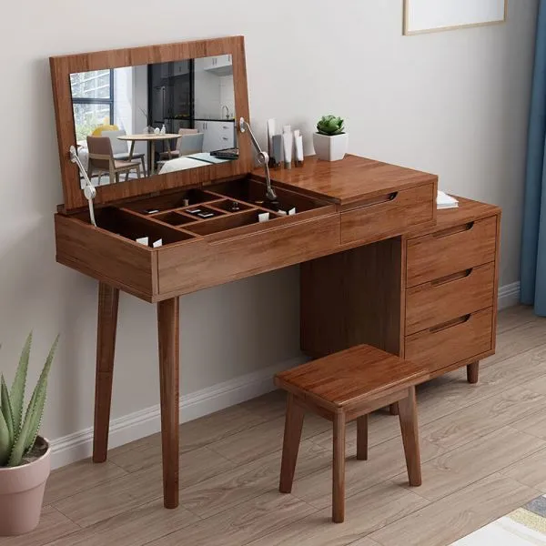 A flip-flop wooden dressing table with a small stool and traditional wooden finish